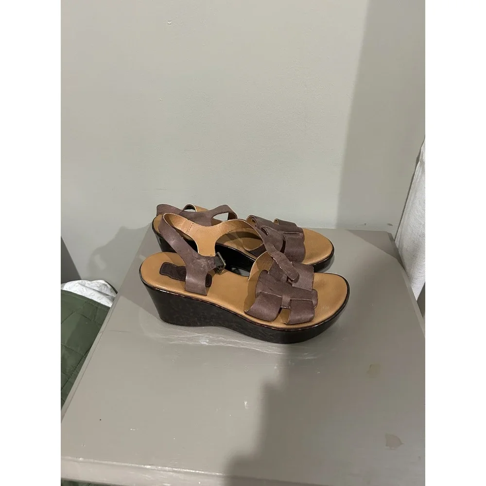 Korks Women Brown Leather Strappy Wedge‎ Sandals Platform Q20206 Size 7/38